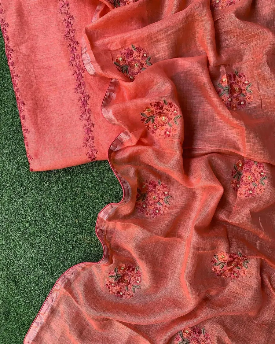Pure Linen by Linen Floral Embroidery Work Unstitched Top Material with Matching Dupatta – Elegant Summer Wear for Women